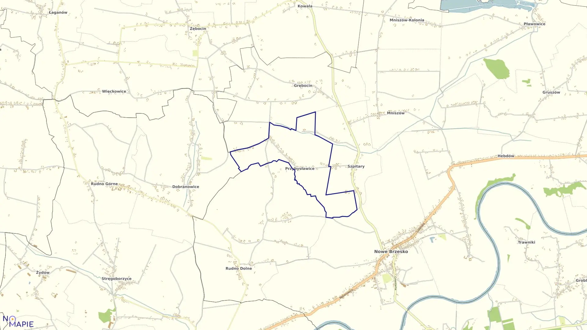 Mapa obrębu Przybysławice w gminie Nowe Brzesko